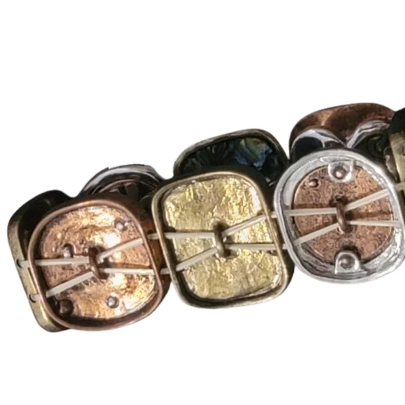 Vintage bracelets 2 copper tone metal abalone stretchy art noveau - Picture 11 of 14